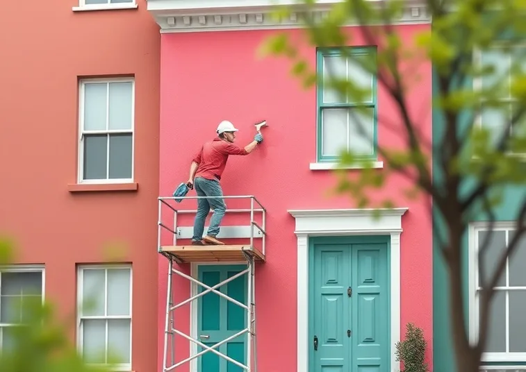 Peintre sur échafaudage traitant la façade d'une maison
