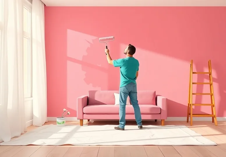 Peintre appliquant la peinture au rouleau sur un mur de salon